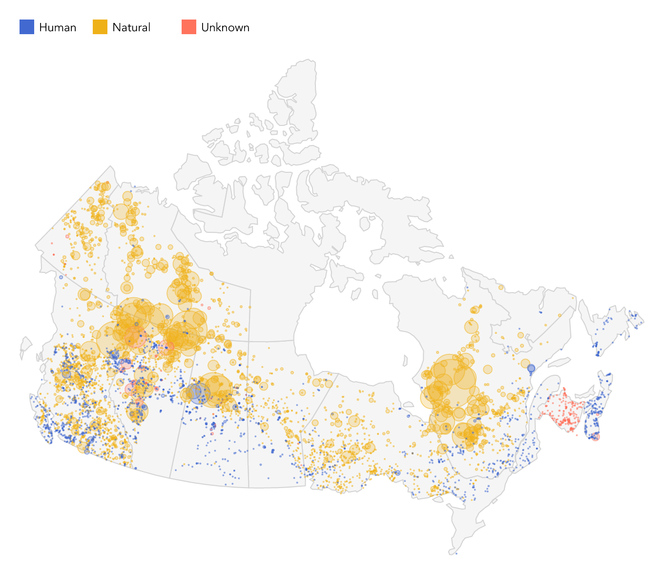 Map showing the wildfires in Canada in 2023.